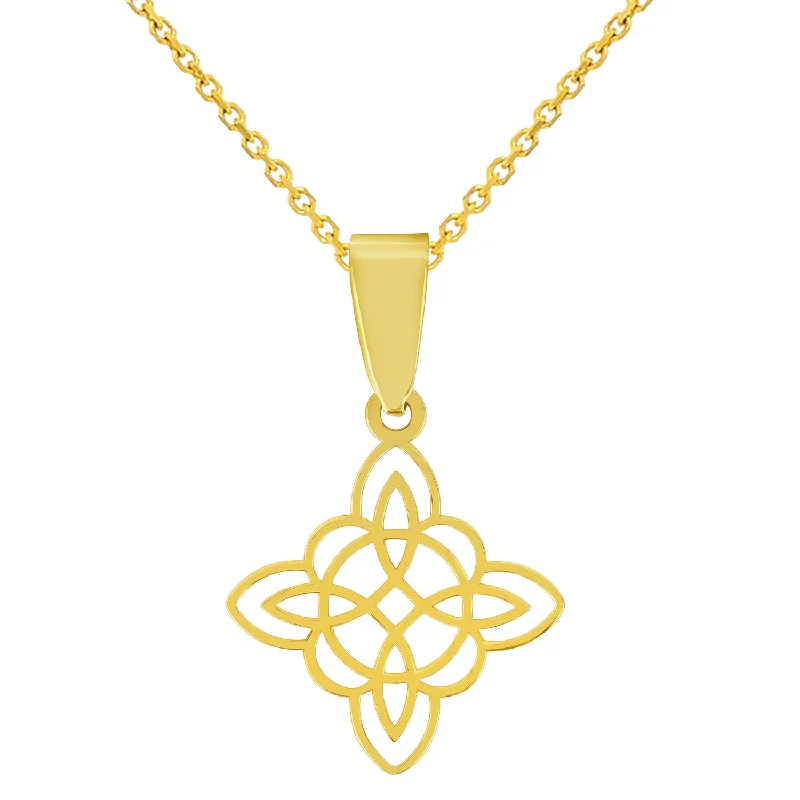 14k Yellow Gold Dainty Small Witch's Knot Cross Charm Wiccan Symbol Pendant with Rolo Cable, Cuban Curb, or Figaro Chain Necklace