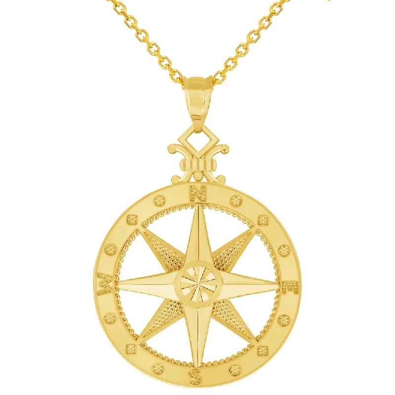 14k Yellow Gold Large Compass Wind Rose Pendant with Rolo Cable, Cuban Curb, or Figaro Chain Necklace