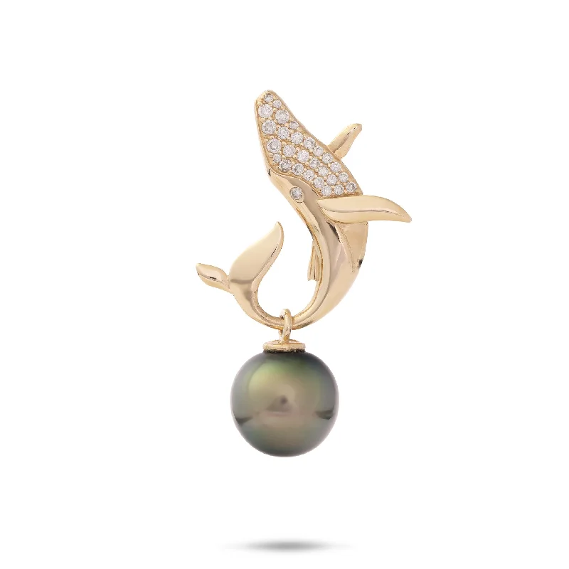 Ocean Dance Whale Tahitian Black Pearl Pendant in Gold with Diamonds - 9-10mm