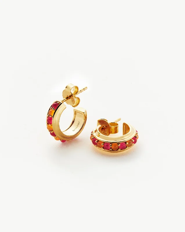 Hot Rox Gemstone Mini Hoop Earrings | 18ct Gold Vermeil/Pink Quartz & Peach Chalcedony