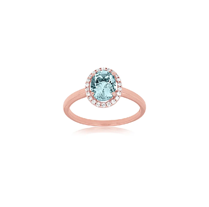 Sabel Collection Rose Gold Oval Aquamarine and Diamond Halo Ring