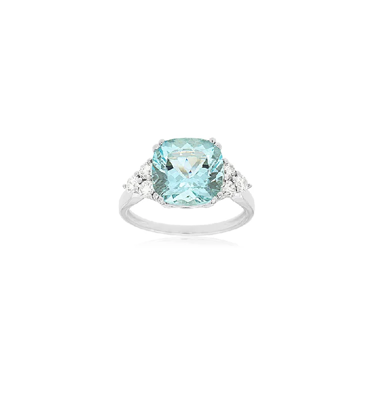 Sabel Collection White Gold Cushion Aquamarine and Diamond Ring