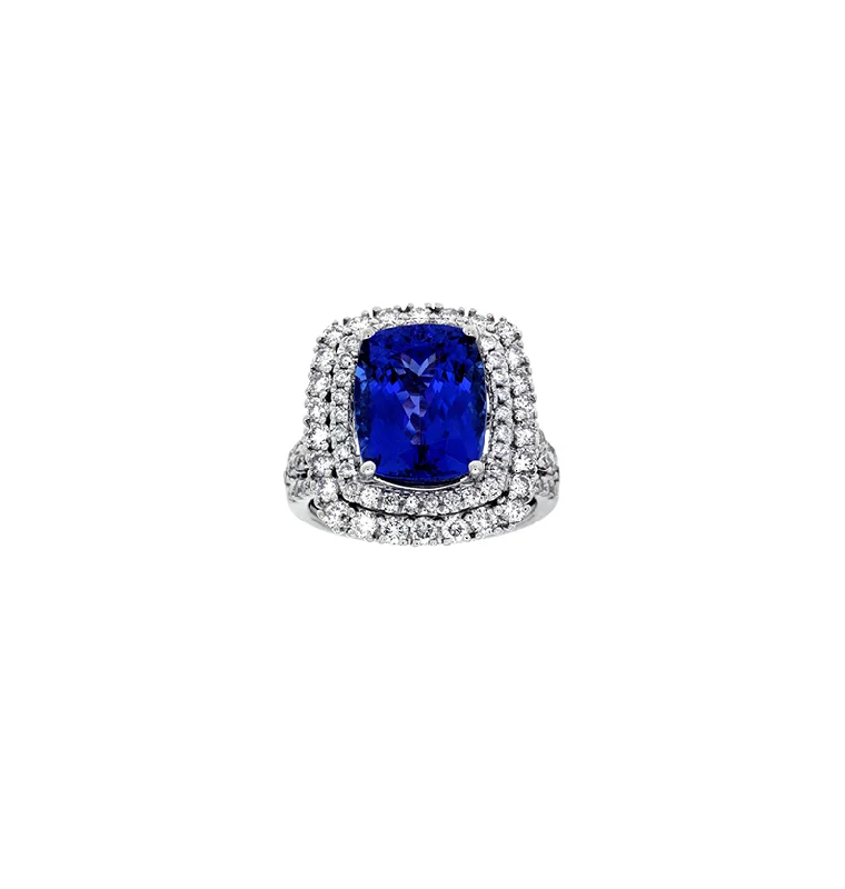 Sabel Collection White Gold Cushion Tanzanite and Diamond Double Halo Ring