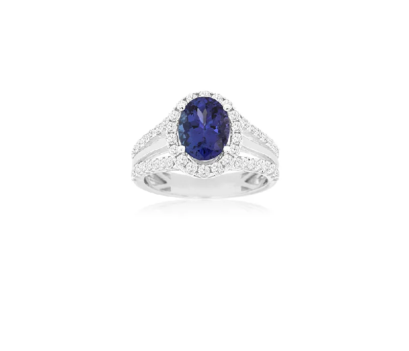 Sabel Collection White Gold Oval Tanzanite and Diamond Halo Ring