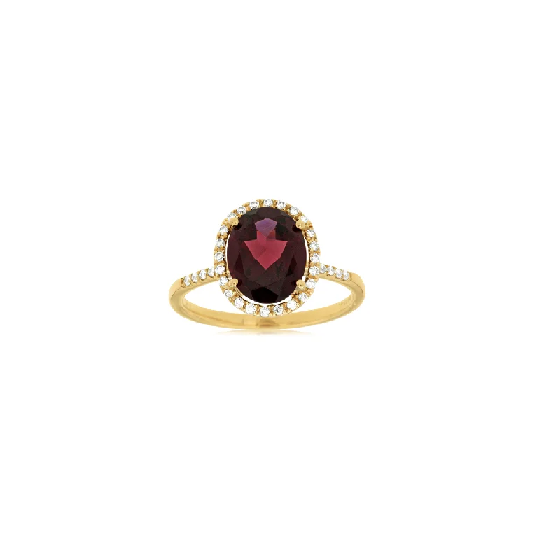 Sabel Collection Yellow Gold Oval Garnet and Diamond Halo Ring