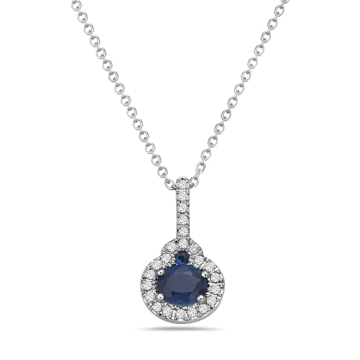 14K White Gold Oval Sapphire and Diamond Halo Necklace