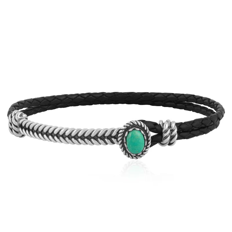 Sterling Silver Green Turquoise Leather Bracelet, Sizes Small to Large