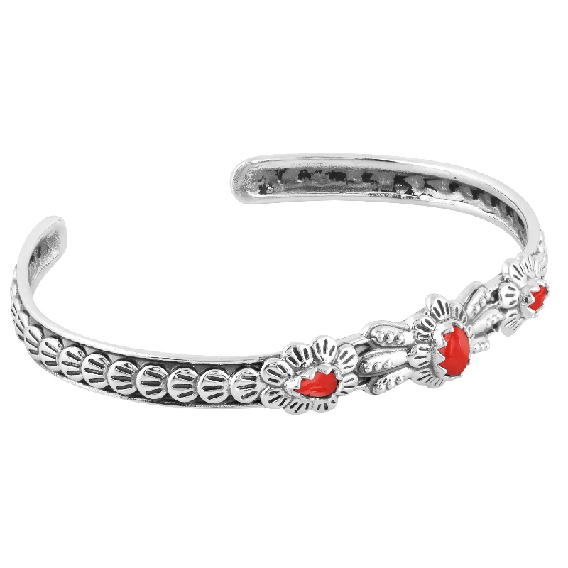 Sterling Silver Red Coral Gemstone Flower Concha Design Cuff Bracelet, Size Medium - Large